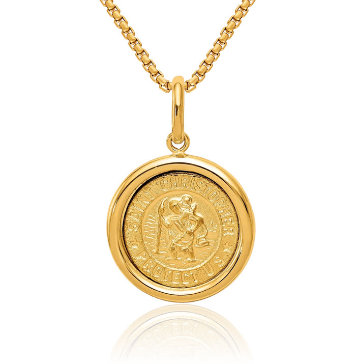 14K Solid Yellow Gold Saint Christopher Medal Patron of Travelers Athletes Protection Necklace Christian Religious Chain Pendant Faith Charm