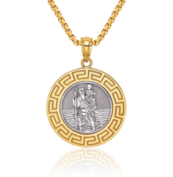 14K Solid Yellow Gold Saint Christopher Medal Patron of Travelers Athletes Protection Necklace Christian Religious Chain Pendant Faith Charm