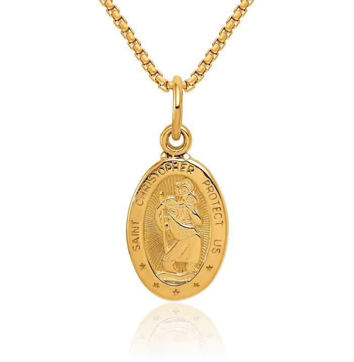 14K Solid Yellow Gold Saint Christopher Medal Patron of Travelers Athletes Protection Necklace Christian Religious Chain Pendant Faith Charm