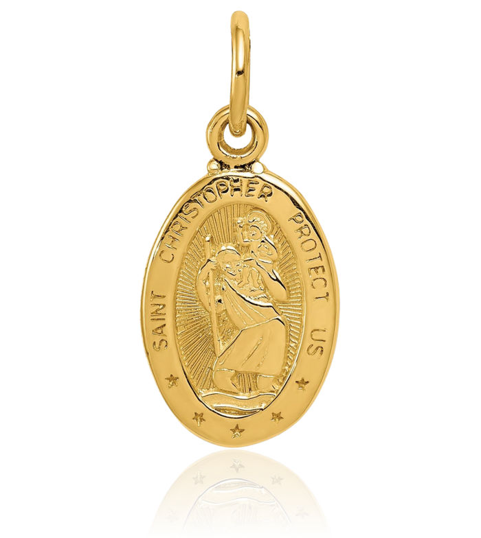 14K Solid Yellow Gold Saint Christopher Medal Patron of Travelers Athletes Protection Necklace Christian Religious Chain Pendant Faith Charm