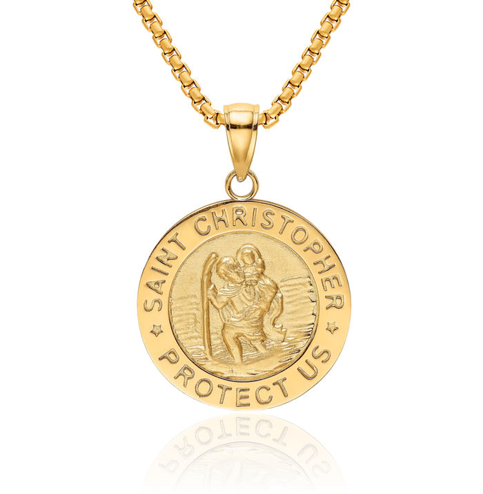 14K Solid Yellow Gold Saint Christopher Medal Patron of Travelers Athletes Protection Necklace Christian Religious Chain Pendant Faith Charm