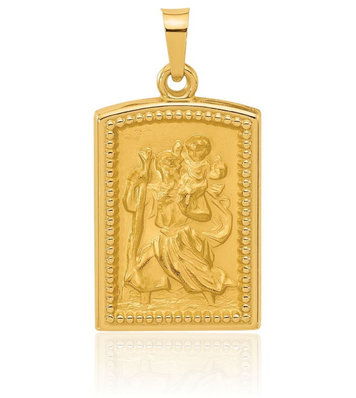 14K Solid Yellow Gold Rectangular Saint Christopher Medal Patron of Travelers Athletes Protection Necklace Christian Religious Chain Pendant Faith Charm