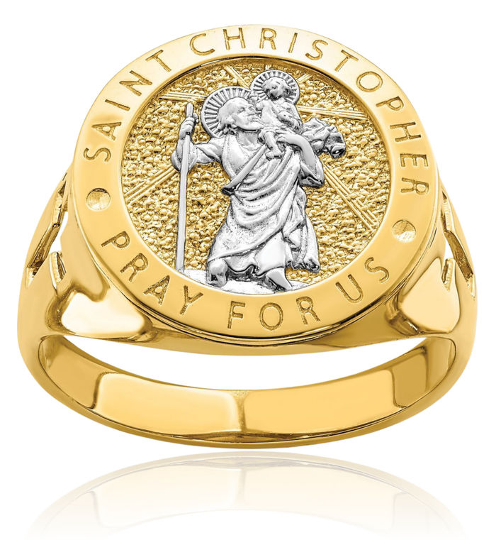 14K Solid Yellow Gold Saint Christopher Patron of Travelers Athletes Protection Ring