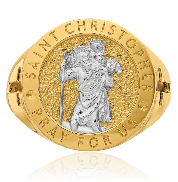 14K Solid Yellow Gold Saint Christopher Patron of Travelers Athletes Protection Ring