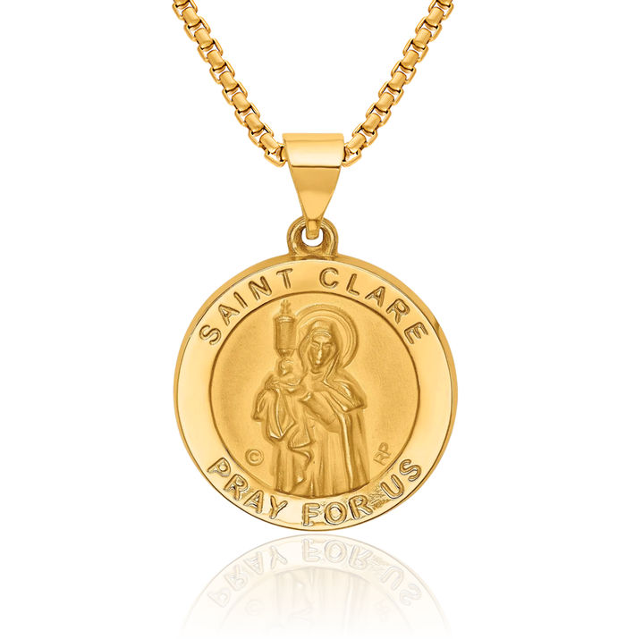 14K Solid Yellow Gold Saint Clare Medal Necklace Chain Pendant Charm