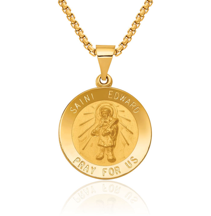 14K Solid Yellow Gold Saint Edward Medal Necklace Chain Pendant Charm