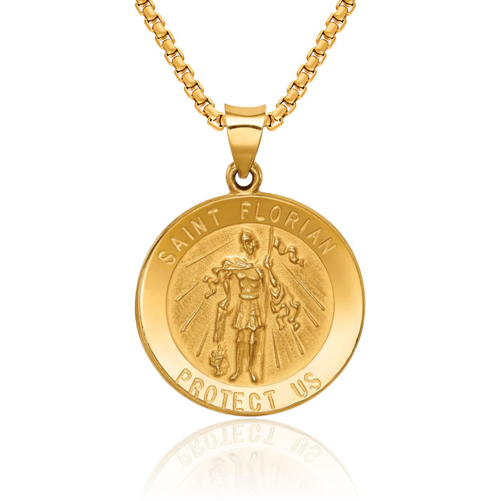 14K Solid Yellow Gold Saint Florian Medal Necklace Chain Pendant Charm