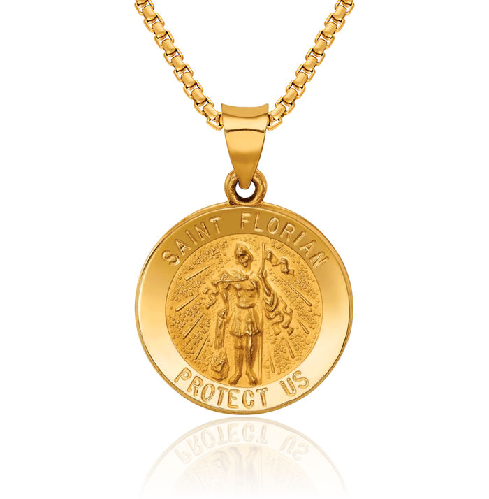 14K Solid Yellow Gold Saint Florian Medal Necklace Chain Pendant Charm