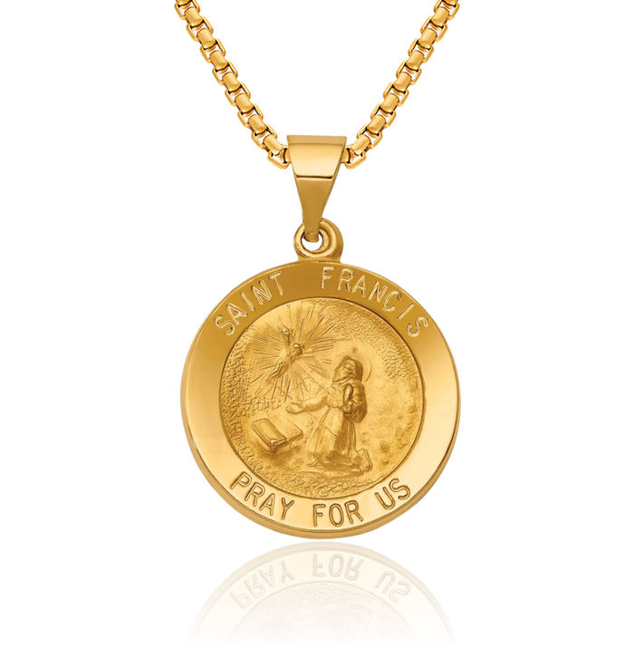 14K Solid Yellow Gold Saint Francis Medal Necklace Chain Pendant Charm