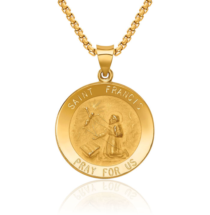 14K Solid Yellow Gold Saint Francis Medal Necklace Chain Pendant Charm
