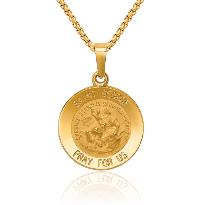 14K Solid Yellow Gold Saint George Medal Necklace Chain Pendant Charm