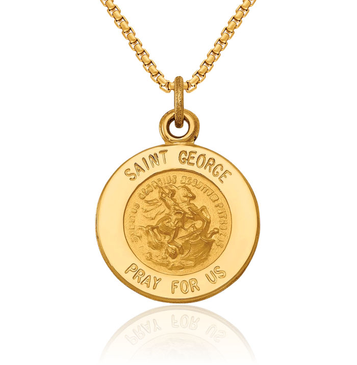 14K Solid Yellow Gold Saint George Medal Necklace Chain Pendant Charm