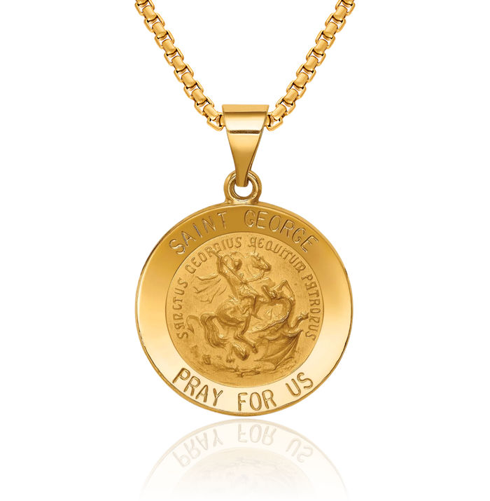 14K Solid Yellow Gold Saint George Medal Necklace Chain Pendant Charm