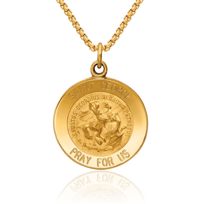 14K Solid Yellow Gold Saint George Medal Necklace Chain Pendant Charm