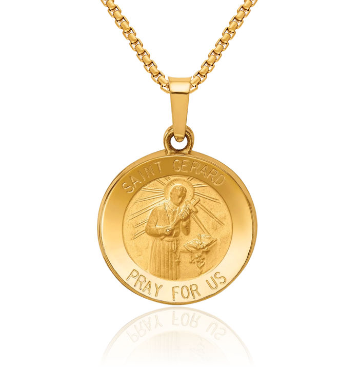 14K Solid Yellow Gold Saint Gerard Medal Necklace Chain Pendant Charm