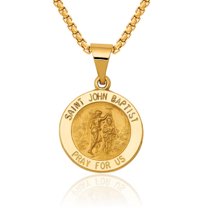 14K Solid Yellow Gold Saint John Baptist Medal Necklace Chain Pendant Charm