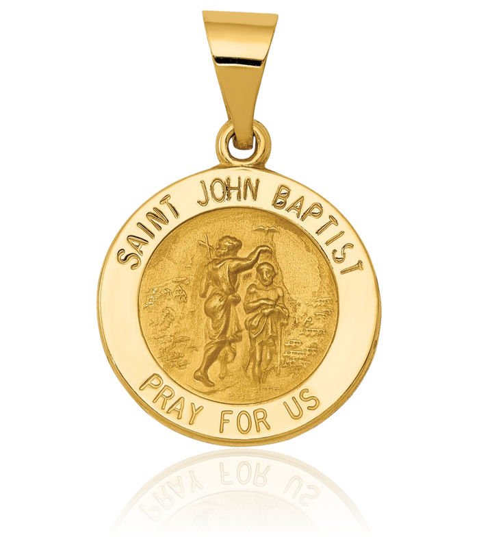 14K Solid Yellow Gold Saint John Baptist Medal Necklace Chain Pendant Charm
