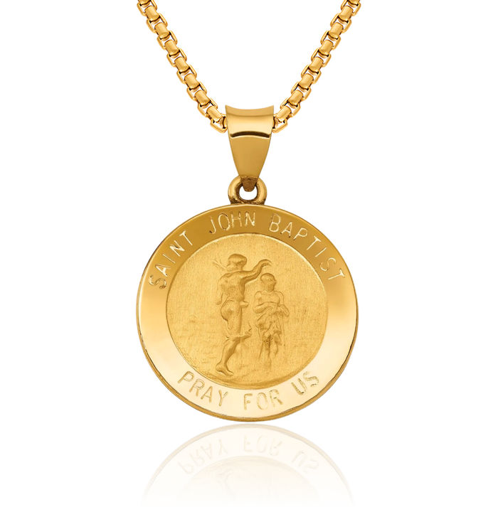 14K Solid Yellow Gold Saint John Baptist Medal Necklace Chain Pendant Charm