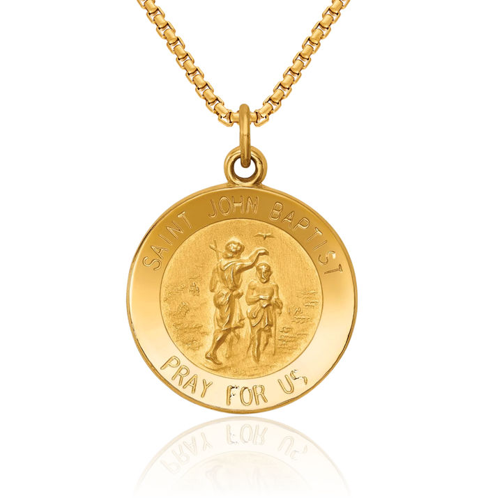 14K Solid Yellow Gold Saint John Baptist Medal Necklace Chain Pendant Charm