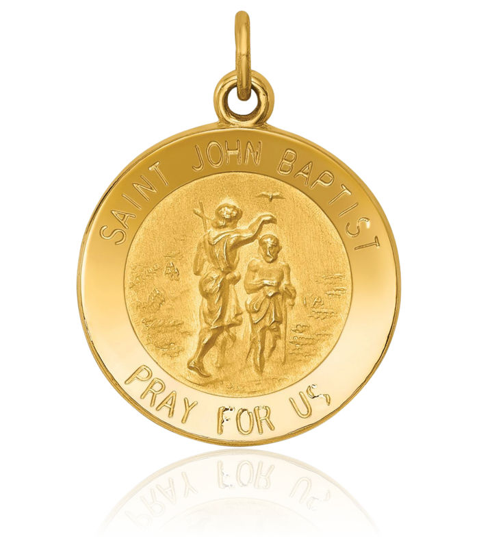 14K Solid Yellow Gold Saint John Baptist Medal Necklace Chain Pendant Charm