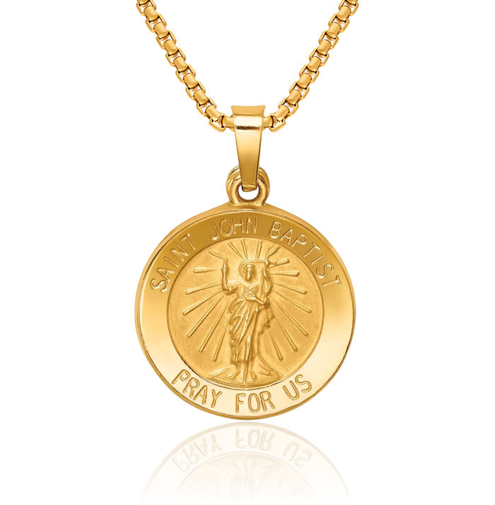 14K Solid Yellow Gold Saint John Baptist Medal Necklace Chain Pendant Charm