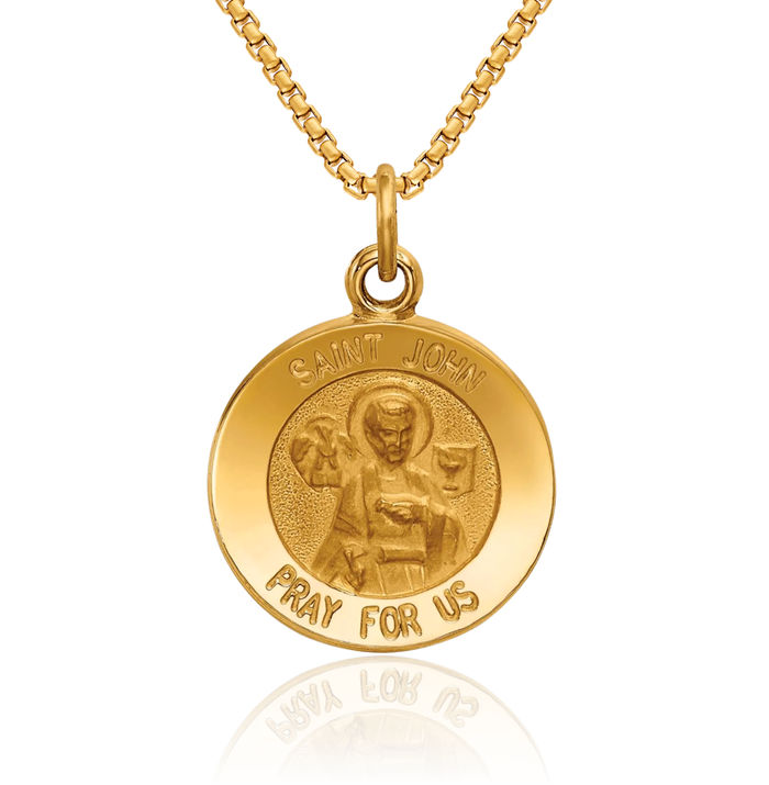 14K Solid Yellow Gold Saint John Medal Evangelist Necklace Chain Pendant Charm