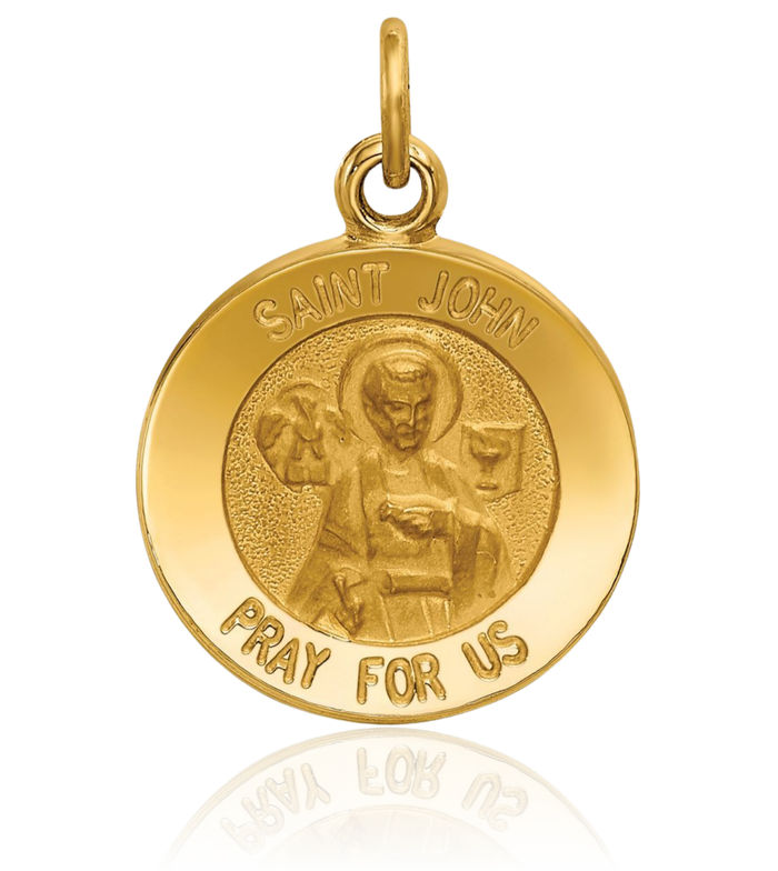 14K Solid Yellow Gold Saint John Medal Evangelist Necklace Chain Pendant Charm
