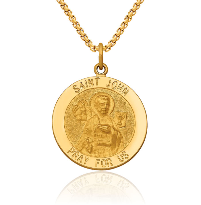 14K Solid Yellow Gold Saint John Medal Evangelist Necklace Chain Pendant Charm