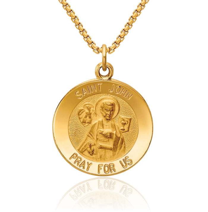 14K Solid Yellow Gold Saint John Medal Evangelist Necklace Chain Pendant Charm