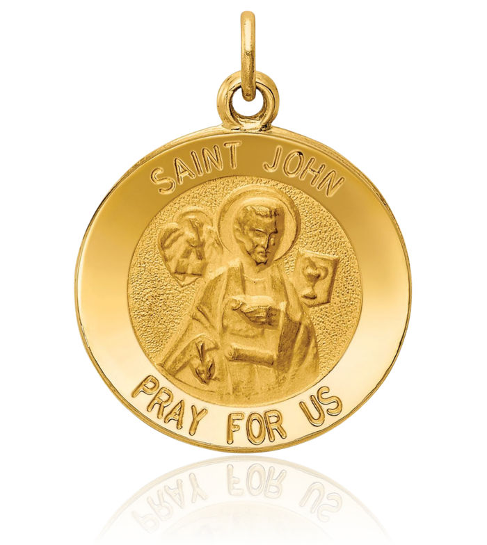 14K Solid Yellow Gold Saint John Medal Evangelist Necklace Chain Pendant Charm