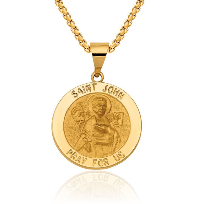 14K Solid Yellow Gold Saint John Medal Evangelist Necklace Chain Pendant Charm