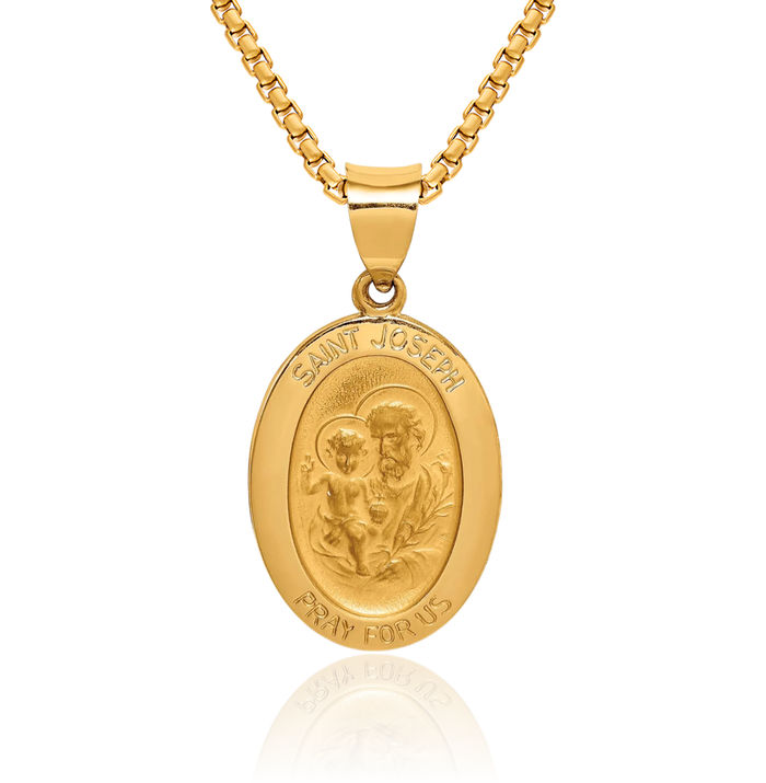 14K Solid Yellow Gold Saint Joseph Medal Necklace Chain Pendant Charm