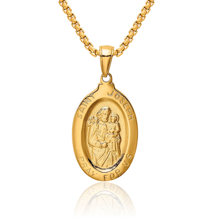 14K Solid Yellow Gold Saint Joseph Medal Necklace Chain Pendant Charm