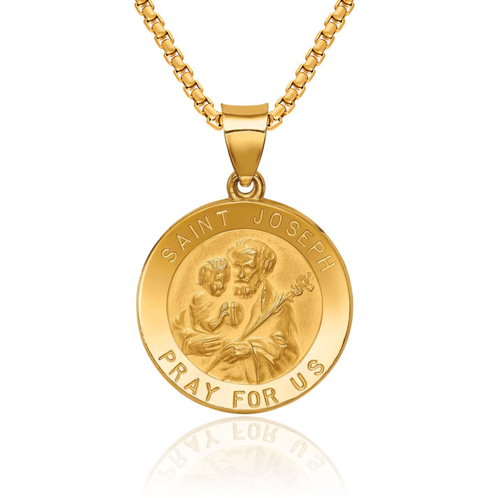 14K Solid Yellow Gold Saint Joseph Medal Necklace Chain Pendant Charm