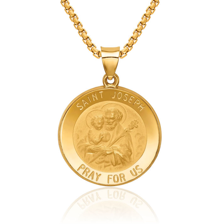14K Solid Yellow Gold Saint Joseph Medal Necklace Chain Pendant Charm
