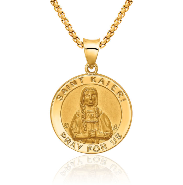 14K Solid Yellow Gold Saint Kateri Medal Necklace Chain Pendant Charm