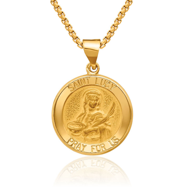 14K Solid Yellow Gold Saint Lucy Medal Necklace Chain Pendant Charm