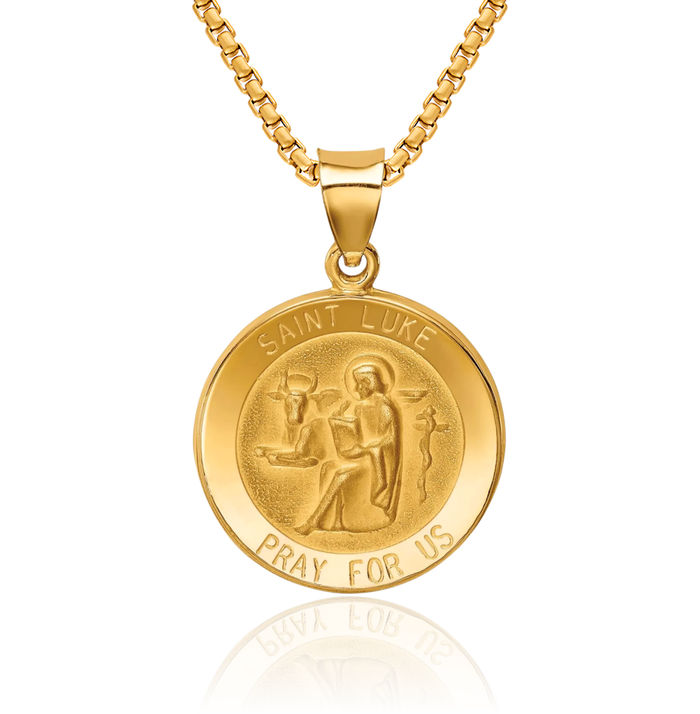 14K Solid Yellow Gold Saint Luke Medal Necklace Chain Pendant Charm