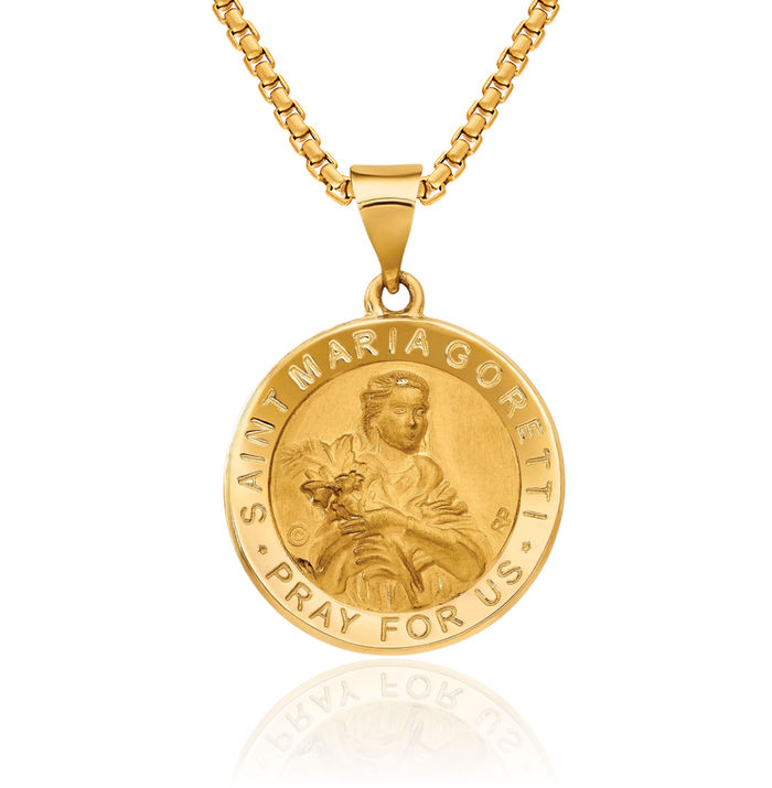 14K Solid Yellow Gold Saint Maria Goretti Medal Necklace Chain Pendant Charm