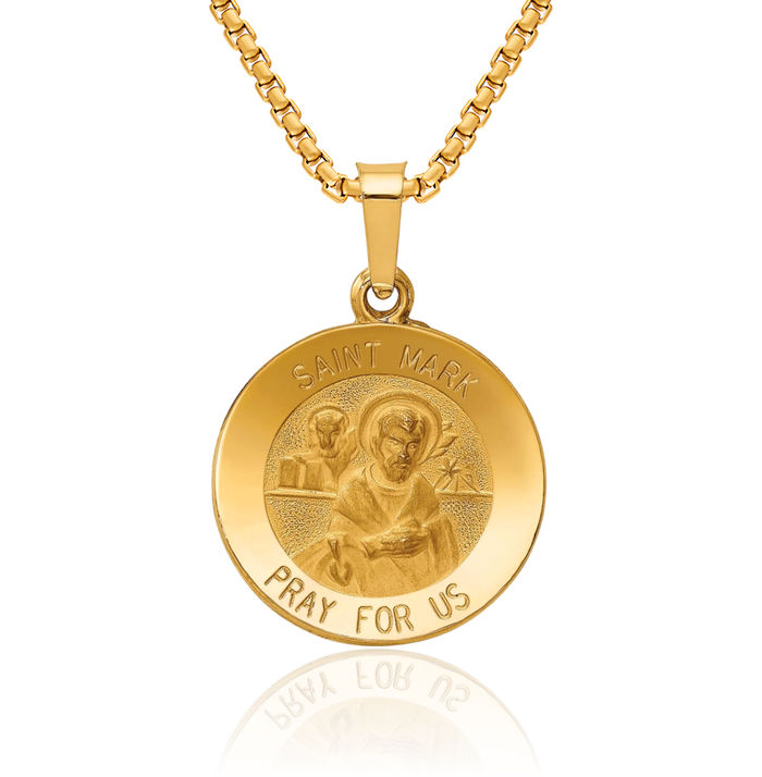 14K Solid Yellow Gold Saint Mark Medal Necklace Chain Pendant Charm