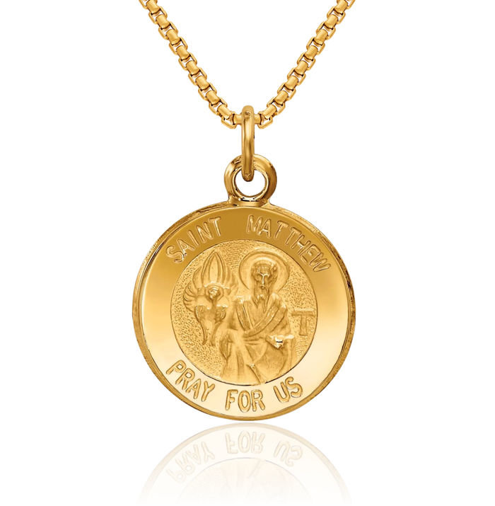 14K Solid Yellow Gold Saint Matthew Medal Necklace Chain Pendant Charm