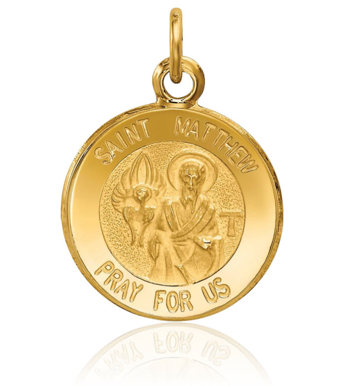 14K Solid Yellow Gold Saint Matthew Medal Necklace Chain Pendant Charm