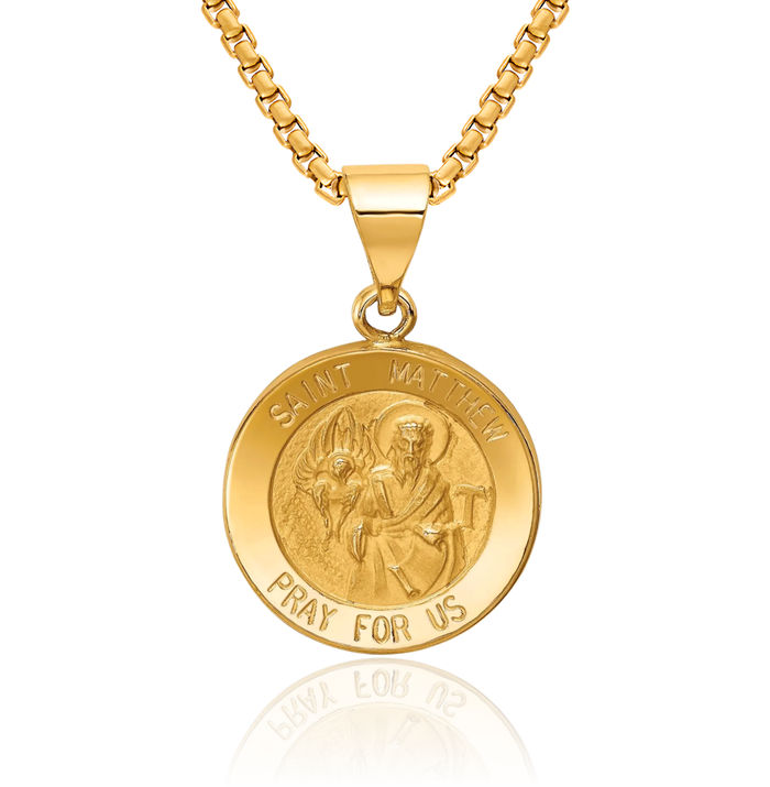 14K Solid Yellow Gold Saint Matthew Medal Necklace Chain Pendant Charm