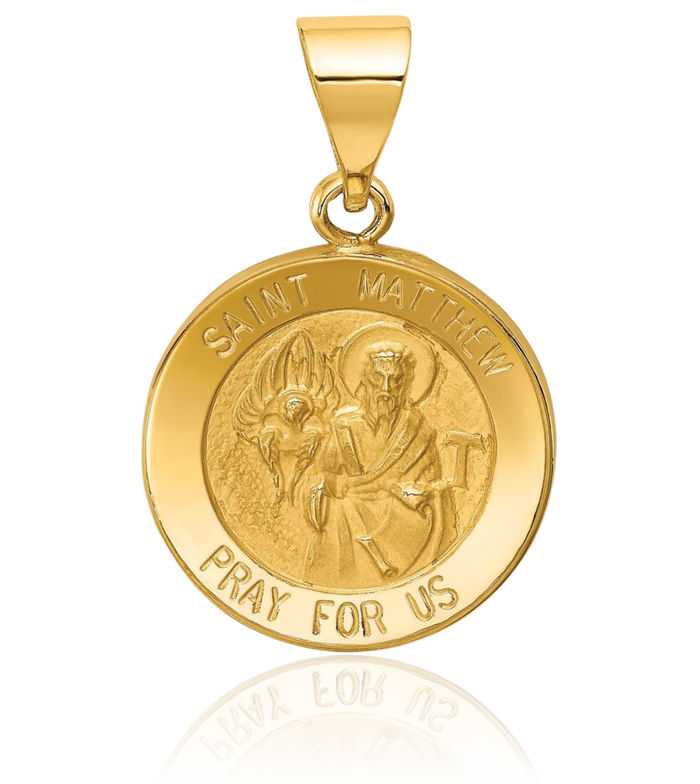14K Solid Yellow Gold Saint Matthew Medal Necklace Chain Pendant Charm