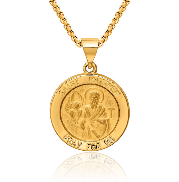 14K Solid Yellow Gold Saint Matthew Medal Necklace Chain Pendant Charm