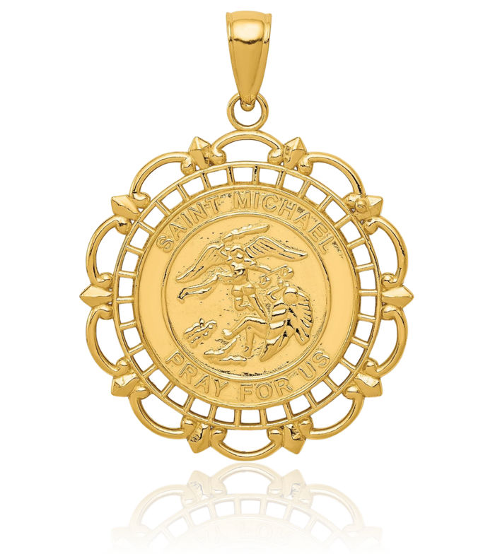 14K Solid Yellow Gold Saint Michael Medal Protects Us Patron Archangel Guardian Angel Wings Necklace Christian Religious Chain Pendant Faith Charm