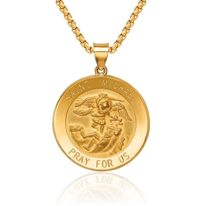 14K Solid Yellow Gold Saint Michael Medal Protects Us Patron Archangel Guardian Angel Wings Necklace Christian Religious Chain Pendant Faith Charm