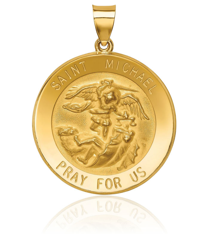 14K Solid Yellow Gold Saint Michael Medal Protects Us Patron Archangel Guardian Angel Wings Necklace Christian Religious Chain Pendant Faith Charm