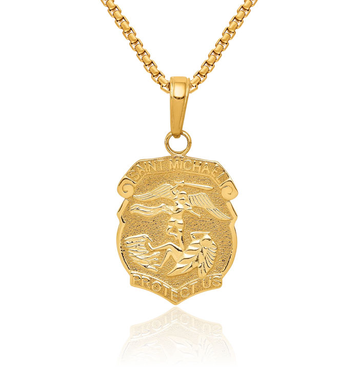 14K Solid Yellow Gold Saint Michael Medal Protects Us Patron Archangel Guardian Angel Wings Necklace Christian Religious Chain Pendant Faith Charm