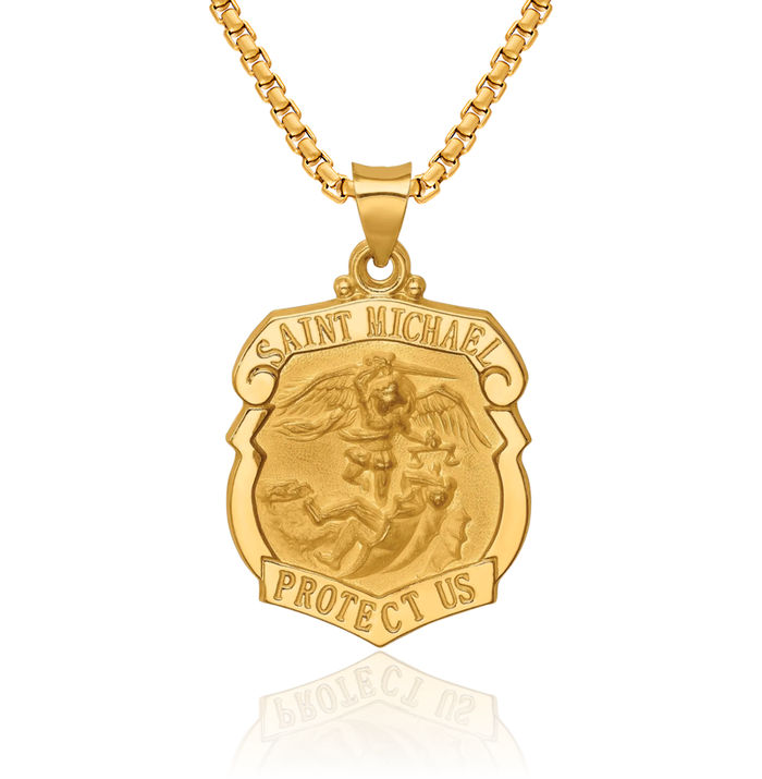 14K Solid Yellow Gold Saint Michael Medal Protects Us Patron Archangel Guardian Angel Wings Necklace Christian Religious Chain Pendant Faith Charm